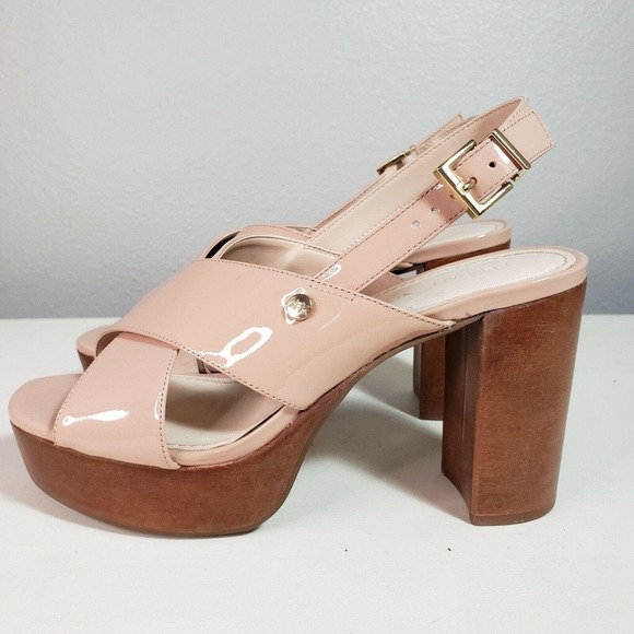 Kendall & Kylie Shian Patent chunky Sandal sling back nude‎ crossover open toe 8 - Picture 1 of 7